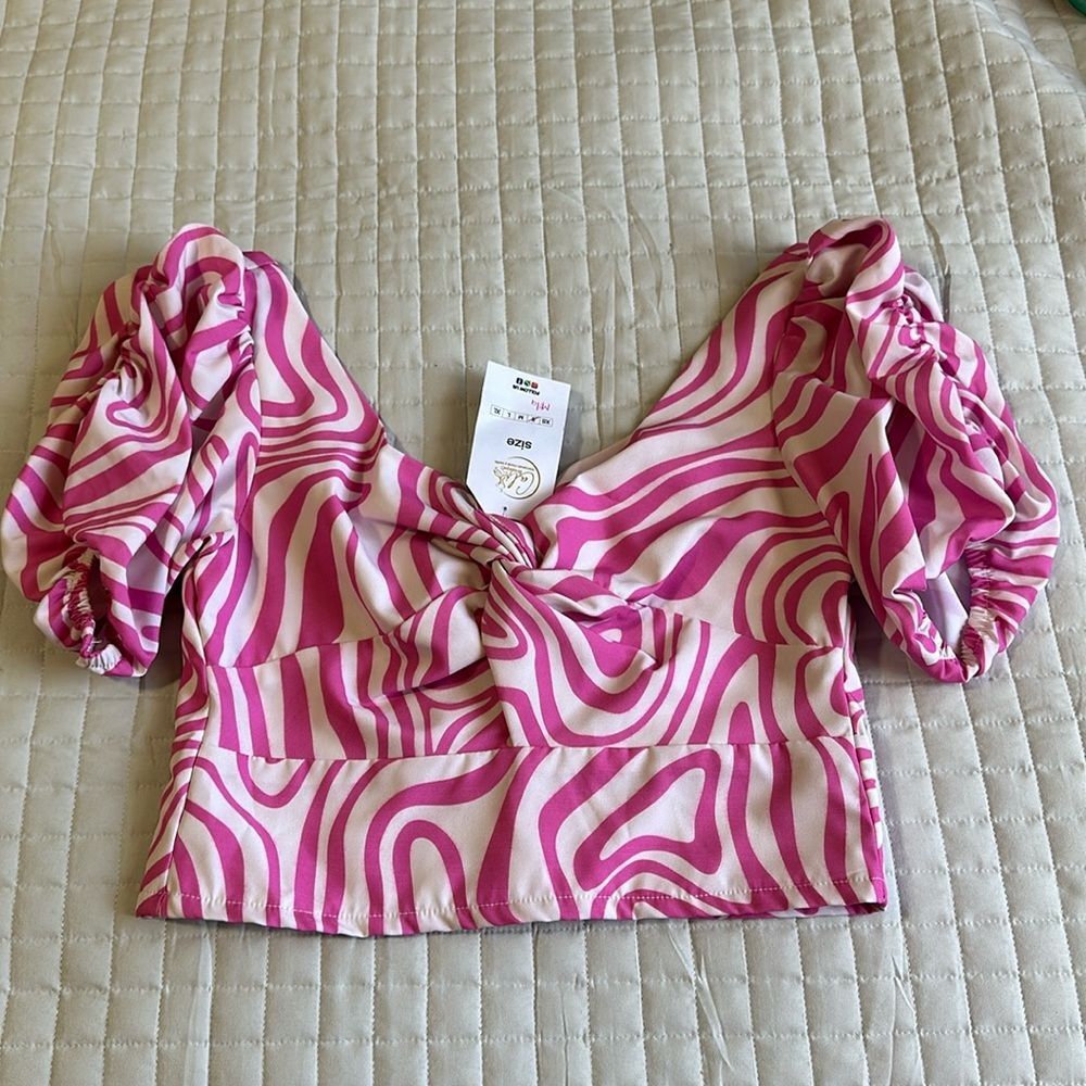 NEW - Twist Knot Zebra Print Sweetheart Neckline Puff Sleeve Crop Top Sz Small